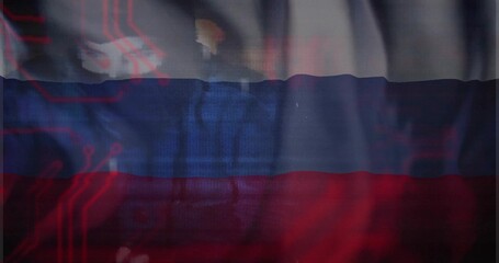 Displaying sheer white-blue-red flag in dim studio, showing folds, glow, red circuit and faint form