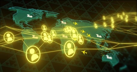 Displaying glowing network overlay with node icons and connecting lines on teal world map, planes © vectorfusionart