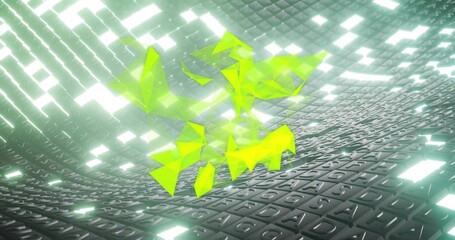 Fototapeta premium Floating neon chartreuse triangles hovering above curved tiled grid, embossed glyphs and lit panels