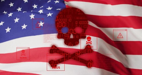 Displaying red skull-and-crossbones over United States flag, showing malware popups and binary code