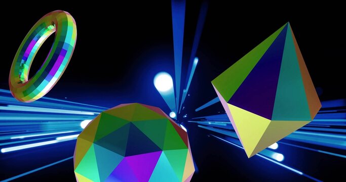 Floating faceted polyhedron centering, reflecting neon beams in void, right pyramid upper-left ring