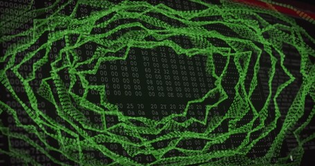 Fototapeta premium Green wireframe spiral tunnel rotating, forming concentric rings on dark screen with hex grid
