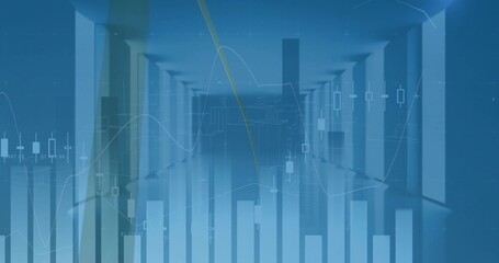 Naklejka premium Long corridor merging with candlestick charts and bar graphs, market data driving floor reflections