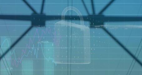 Naklejka premium Market data updating, causing wireframe padlock hovering over trusses, gridlines, cyan charts