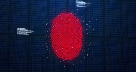 Dominating red fingerprint graphic glowing on virtual display, showing binary hex code, data nodes