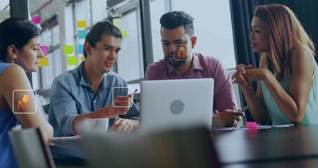 Vertical video: Pointing member in denim with phone starting project talk in office, silver laptop