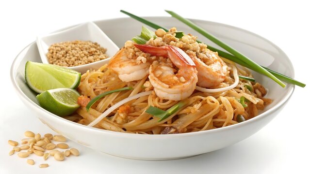 Delicious pad thai noodles with shrimp and lime isolated on white background