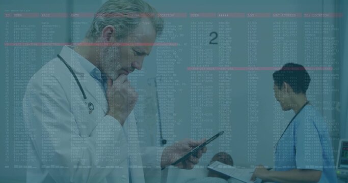 Diverse medical team: senior doctor checking phone, overlay alerting, nurse checking chart