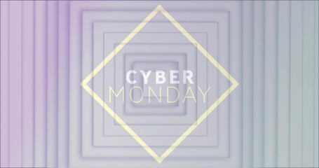 Showing ad 'CYBER MONDAY' text in pale yellow diamond on banner, concentric frames pastel gradient