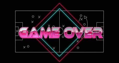 Displaying 3D pink GAME OVER text glowing on black screen, showing neon diamond and soccer pitch