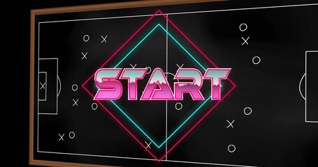 Displaying framed tactical board showing neon START wordmark and X O markers on soccer pitch