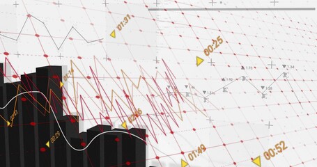 Displaying glossy black 3D bar columns on white grid, red jagged line, yellow markers, copy space