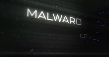 Displaying large glowing text MALWARO in cyber UI, showing three outlined squares and streaks