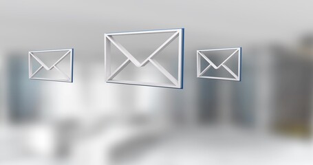Floating three 3D envelopes hovering across modern office, white frames blue trim