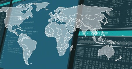 Displaying white-outlined world map overlay on multi-pane security console, showing hex matrices