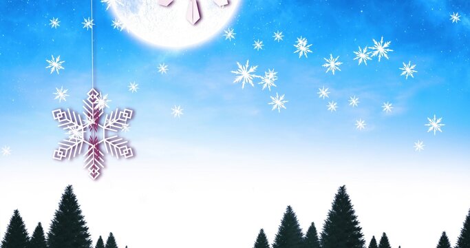 Swaying snowflake ornament on thin string above winter treetops, with glowing moon and stars