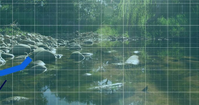 Flowing shallow stream exposing rounded cobbles in wooded park, with grid overlay and blue stroke