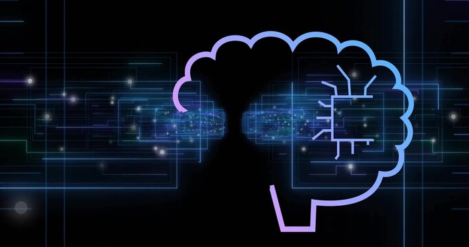 Streaming data panels converging toward stylized neon brain at right in network, with microchip