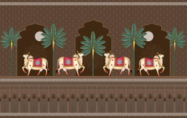 Traditional Indian palace mural wallpaper with decorative cows, palm trees and arches, ethnic cultural illustration, royal heritage wall design for luxury interiors and wall murals. © Kalakritiart