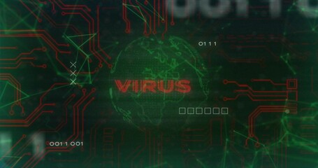 Glowing wireframe globe flashing red VIRUS overlay on alert screen, with green nodes and binary HUD