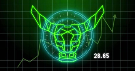 Displaying geometric neon green bull head on black grid field, with cyan HUD, jagged chart 28