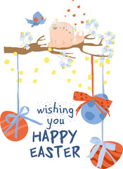 Naklejka premium Card for Easter Day with Little Cartoon Angels and Ester Eggs. Vector Illustration
