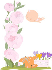 Naklejka premium Spring Card With Little Angel, Deer and Peonies. Vector Illustration