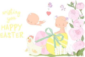 Naklejka premium Card for Easter Day with Little Cartoon Angels and Ester Eggs. Vector Illustration