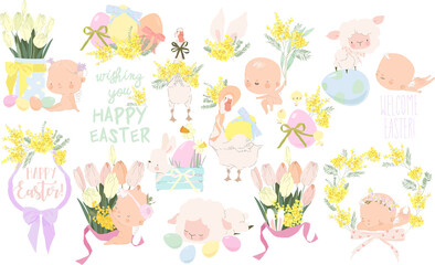 Naklejka premium Vector Cartoon Easter Set With Little Cartoon Angels, Ester Eggs and Flowers