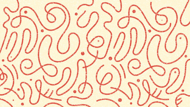 Seamless abstract line art pattern with red wavy swirls and dots. Modern vector minimalist background, hand drawn aesthetic texture for packaging, wallpaper, fabric and creative branding design.