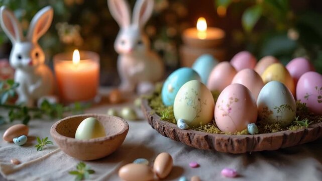 Pastel easter eggs arranged on wooden slice with moss nest, candle glowing, flowers, rustic table, cozy spring holiday decoration, concept of easter