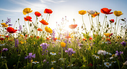 Naklejka premium Vibrant field of poppies and wildflowers under a clear sky