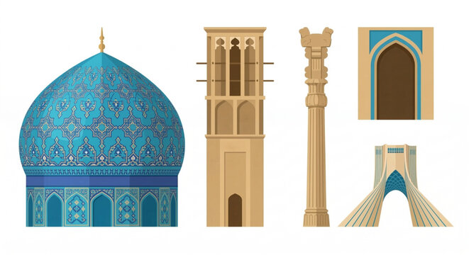 Iranian architecture vector set. Features iconic landmarks mosque dome, Persepolis column, wind catcher, traditional arch, Azadi Tower. Represents Persian heritage
