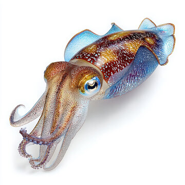 Vividly colored cuttlefish displaying intricate skin patterns swimming isolated on a white background