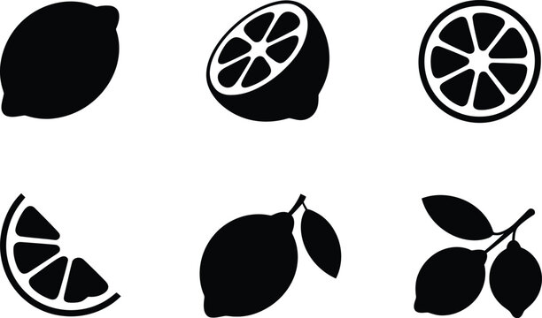 Lemons and limes set with various slices and whole fruits in black silhouette style featuring citrus fruits, fruit slices, fruit icons