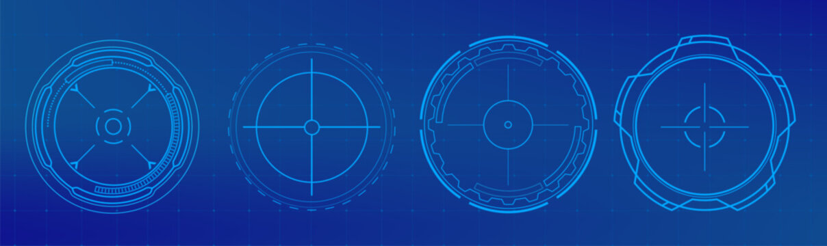 Modern HUD target interface elements set on blue background. Vector realistic illustration of digital tech overlay elements, futuristic military screen design, circular drone focus frames, game ui