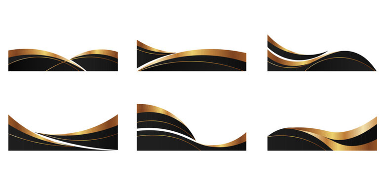 Elegant black and gold wave borders set isolated on white background. Vector realistic illustration of decorative design elements for luxury certificates and invitations, abstract curved frames