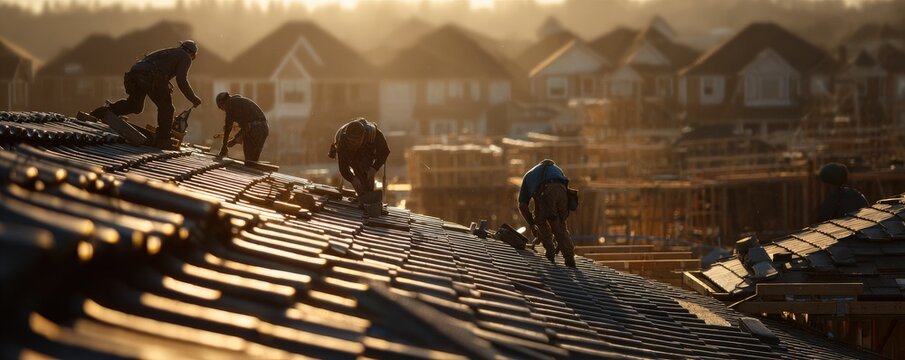 Construction workers install roofing tiles on houses at sunset