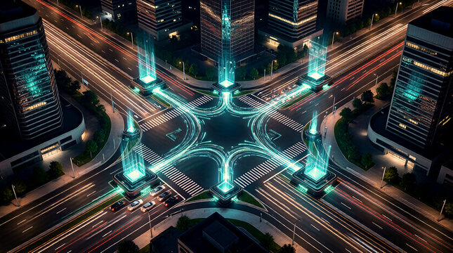 Futuristic Smart City Intersection with Edge Computing Nodes Embedded in Infrastructure Processing Traffic Data Locally with Teal Processing Units and Holographic Data Flows
