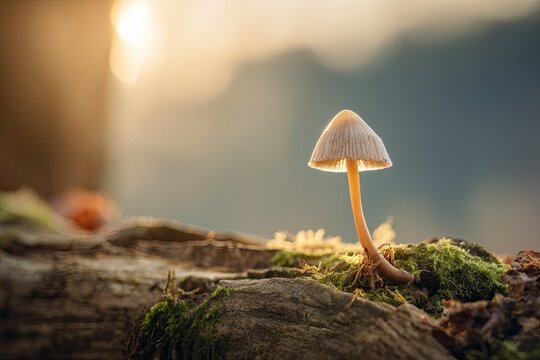 Small mushroom illuminated by warm sunlight on mossy log