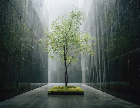 A lone green tree grows from moss in a stark, vertical, water-wall corridor