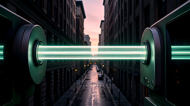 Close-Up of 5G Millimeter Wave Beamforming Visualization with Focused Signal Beam Precisely Targeting Device Through Dark Urban Canyon as Concentrated Teal Energy Cylinder