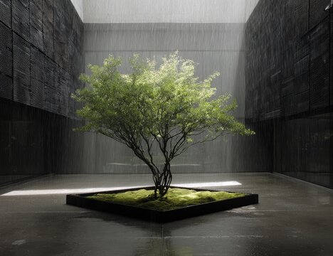 A solitary tree thrives within a minimalist, dark, rain-filled architectural space