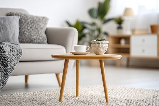 Cozy living room with sofa, coffee table, plant, and mug