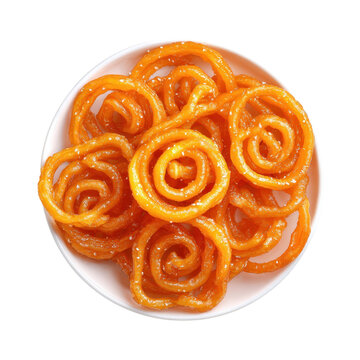 Vibrant photo of A plate of delicious jalebis isolated on white background