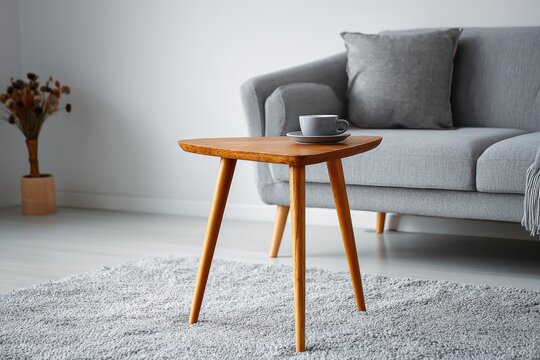 Cozy living room corner with light grey sofa, wooden table, and dried flowers