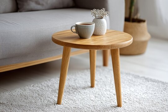 Cozy living room with a wooden side table holding a warm drink and flowers