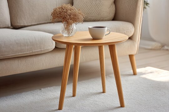 Cozy living room with a coffee cup and dried flowers on a wooden side table