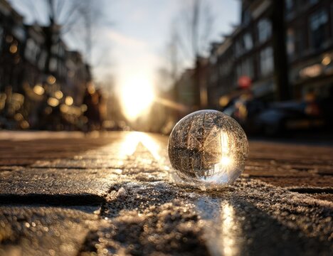 Glass sphere reflects city buildings and warm sunset light on cobblestone street