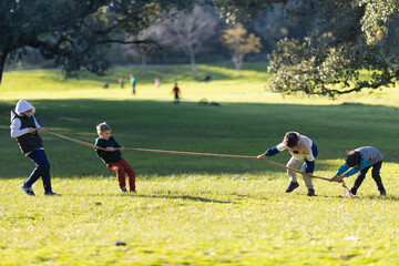 Obraz premium Young boys playing tug-of-war game in park